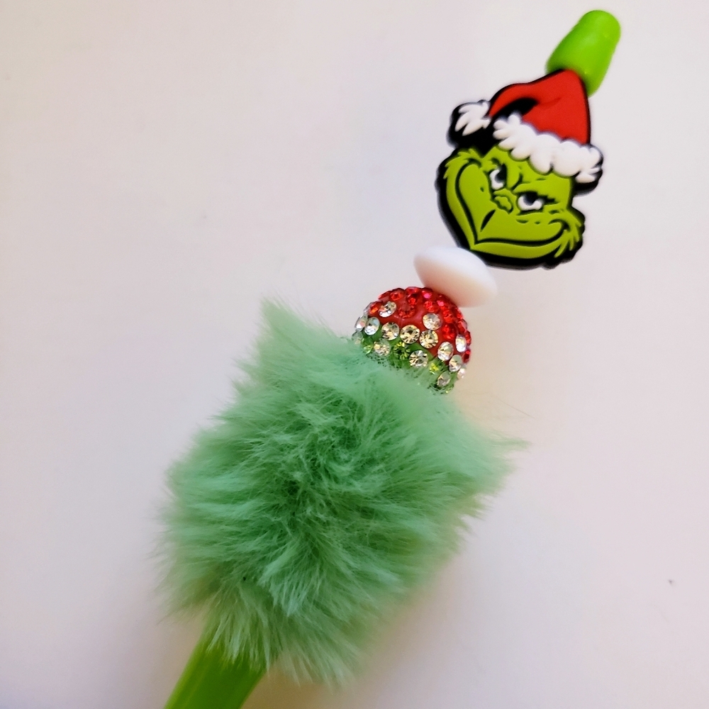 Handmade Fluffy Plush Christmas Holiday Grinch Beaded Silicone Focal Bead Pen